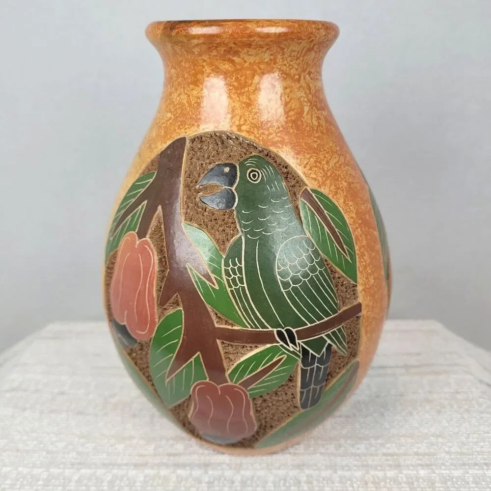 Costa Rica Folk Art Pottery Vase Hand Painted Carved Toucans & Parrots Pair 7